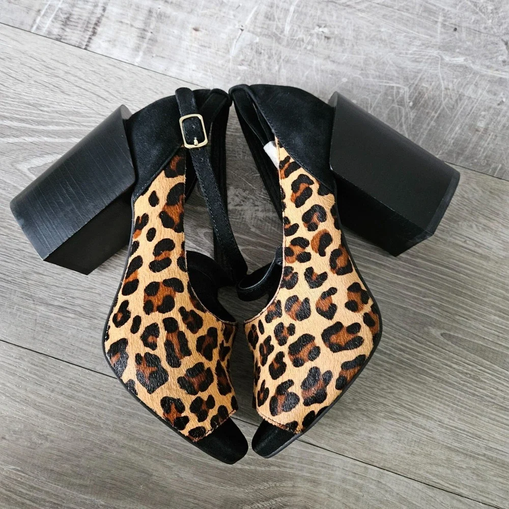 LuLaRoe Leopard Print Sandals Womens 7.5 Block Heel Open Toe Strappy Faux Suede